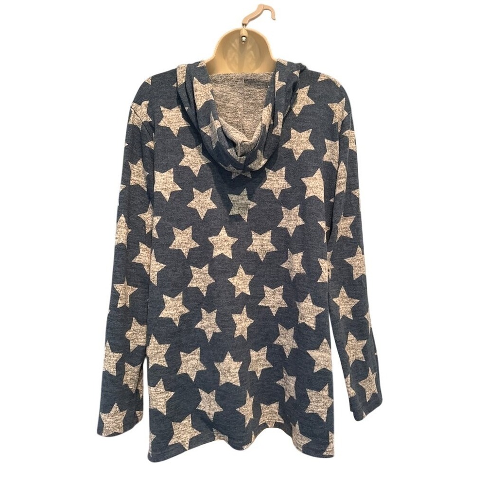 Honey Lace Star Print Hoodie Top Blue Grey Knit Kangaroo Pocket Tunic 2X Womens - Picture 2 of 6